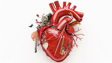 a human heart, with musical instruments embedded within it