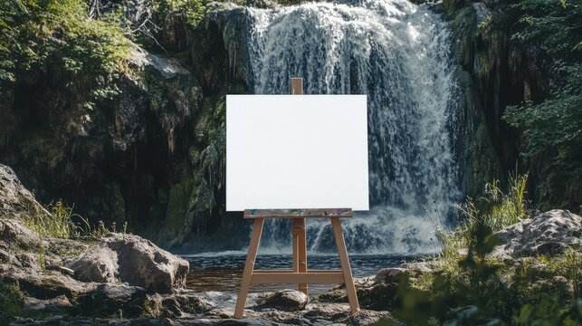 A blank canvas mockup on an easel set against a waterfall backdrop is perfect for art related content and workshops.