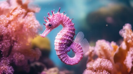 Obraz premium A vibrant seahorse amidst colorful coral, showcasing marine beauty and biodiversity.