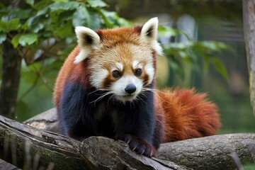 A red panda, a species known for its reddish-brown fur and bushy tail, perched on a tree branch