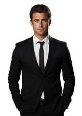 Man in a black office suit on a transparent background