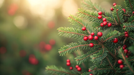Red berries on evergreen branches during a soft morning light in a tranquil forest setting