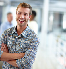 Business, man and portrait with arms crossed at work for career confidence, startup pride and laughing. Professional creative, writer and smile at media agency for copywriting and editor in office