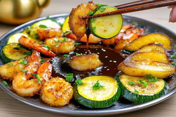 Fried Vegetables and Shrimp Platter with Zucchini and Dark Brown Sauce, Herbs, and Gold Teapot on Silver Plate on Wooden Floor