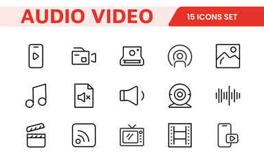 Audio Video Icons Pack. Thin line icons set. Flat icon collection set. Simple outline icons.