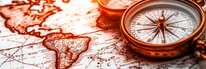 Antique compass is lying on an old map showing the american continent, inviting to travel and discover the world