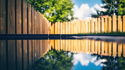 Backyard with standing water reflecting the surrounding trees and sky, capturing the serene beauty of nature's reflection and the tranquility of a still moment.