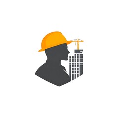 Siluet seorang pekerja konstruksi dengan helm dan bangunan di latar belakang.