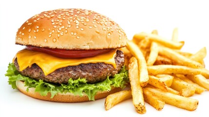 A cheeseburger with lettuce, tomato, and fries on a white background.