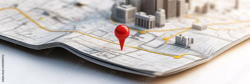 Wall mural red pin is marking a specific location on a 3d city map with buildings and a river