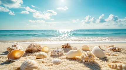 Obraz premium A serene beach scene with various seashells scattered on golden sand under a bright sky.