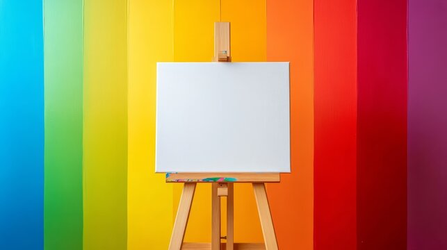 A blank canvas mockup on an easel set against a rainbow background is perfect for art related content and workshops