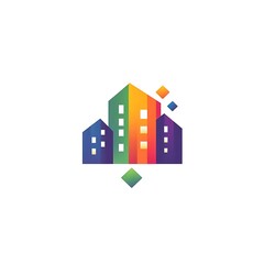 Fototapeta premium A colorful logo featuring stylized buildings with windows and geometric shapes.