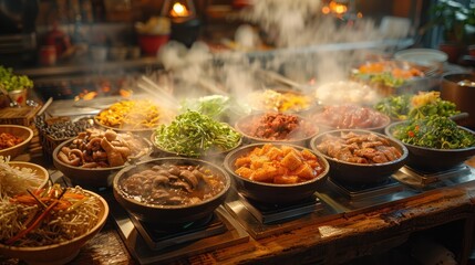 Fototapeta premium A hotpot restaurant with a wide variety of food to choose from.