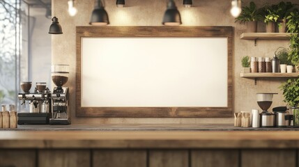 Cozy Coffee Shop Interior with Blank Chalkboard