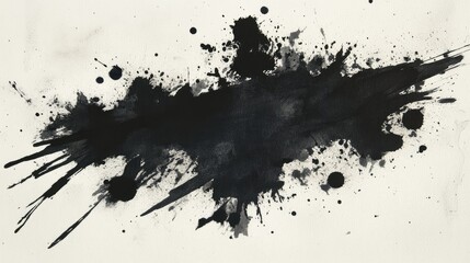 Obraz premium Abstract black watercolor stain with dynamic splashes and blots on a textured paper background.