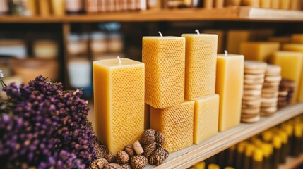 Natural Beeswax Candles on Wooden Shelves