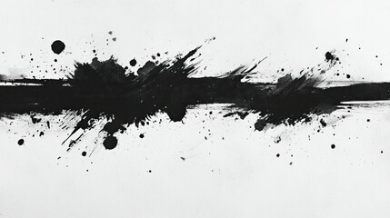 Obraz premium Abstract black watercolor stain with dynamic splashes and blots on a textured paper background.