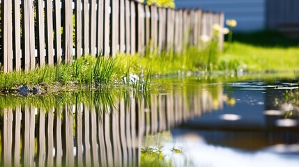 Fototapeta premium Backyard with standing water reflecting the surrounding trees and sky, capturing the serene beauty of nature's reflection and the tranquility of a still moment.
