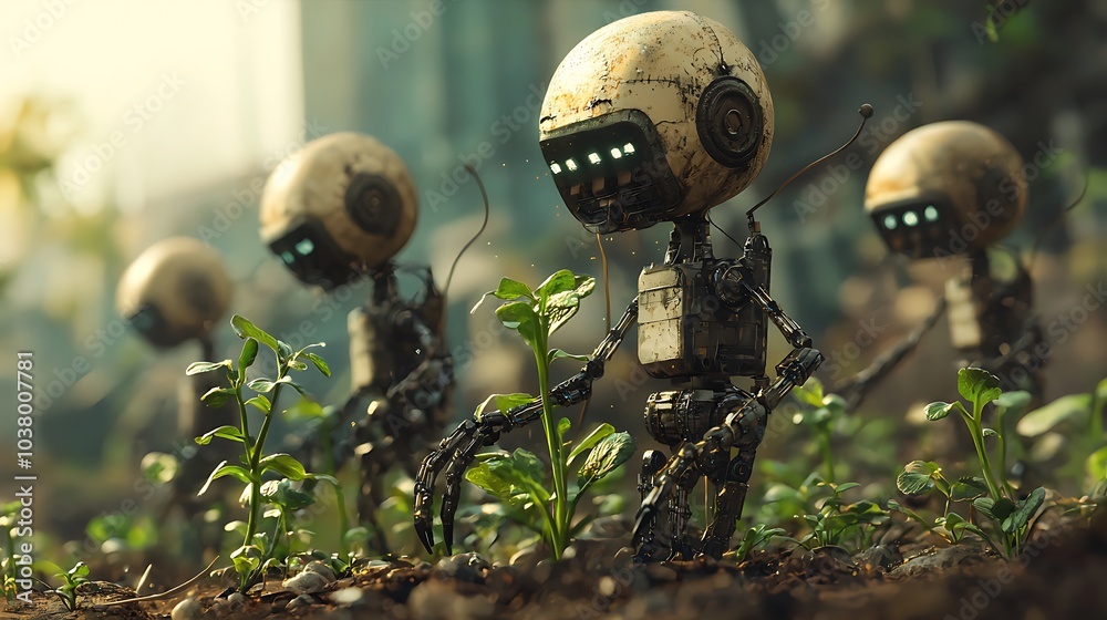 Poster innovative robots emerging from seeds a vision of nature and technology coexisting harmoniously in a