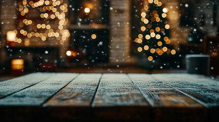 Obraz premium A cozy winter evening with snowflakes falling near a decorated Christmas tree in warm lights
