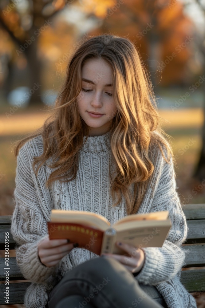 Poster A woman reads a book on a bench. AI.