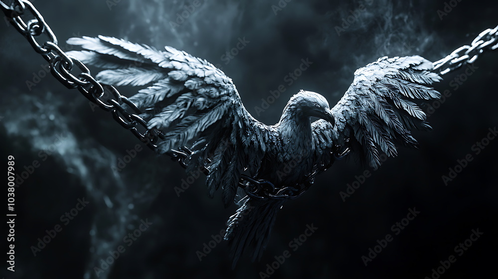 Poster a captivating winged figure bound in chains a symbol of struggle and freedom amidst a darkened atmos