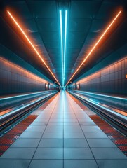 A long, tiled walkway with moving walkways on either side.  The ceiling has two bright blue lines of light and two orange lines. AI.