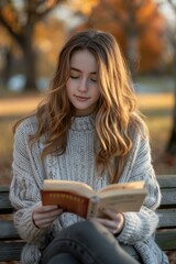 Obraz premium A woman reads a book on a bench. AI.