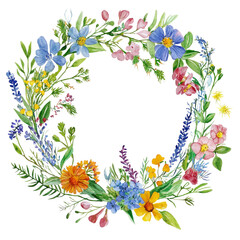 Colorful floral wreath with various flowers, white isolate background.