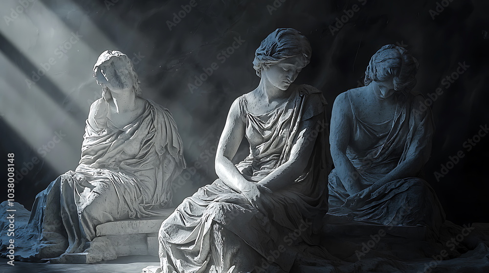 Poster Elegant harmony three marble sculptures bathed in soft light capturing the essence of art and emotion in a tranquil setting