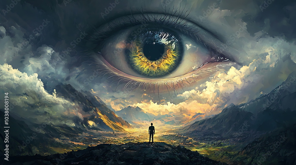 Poster exploring the depths of perception a surreal landscape featuring a giant eye overlooking a solitary 