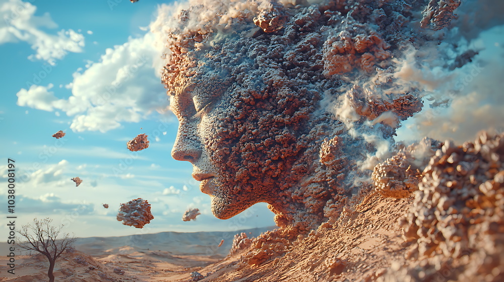 Aufkleber a surreal exploration of identity unveiling a dreamlike face emerging from the desert landscape in s
