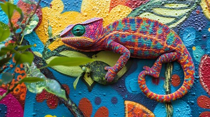 A colorful chameleon climbing on a brightly painted wall with green leaves.