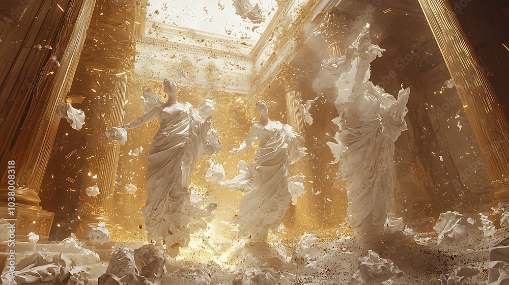 Poster Majestic statues in a grand hall illuminated by a golden glow with scattered papers creating an enigmatic atmosphere
