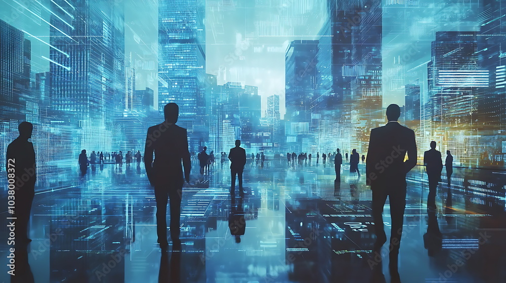 Poster silhouetted figures in a futuristic cityscape exploring the intersection of technology and human pre