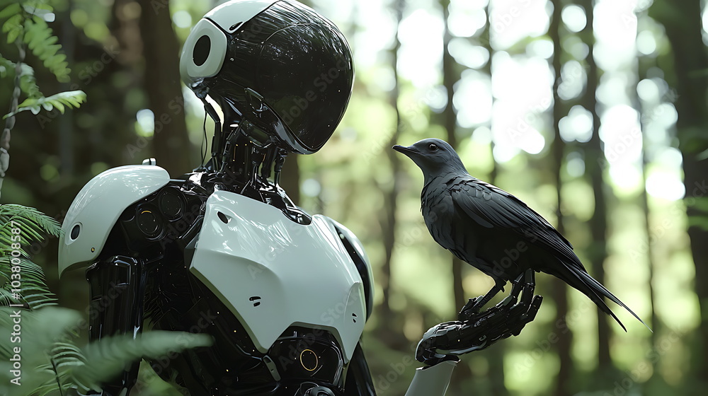 Aufkleber A futuristic encounter a robot engages with a bird in a lush forest highlighting harmony between technology and nature