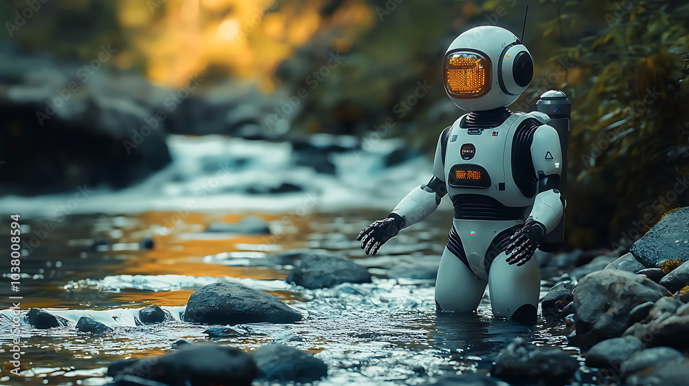 Aufkleber A futuristic robot adventurer navigating the serene waters of a river blending technology and nature in perfect harmony