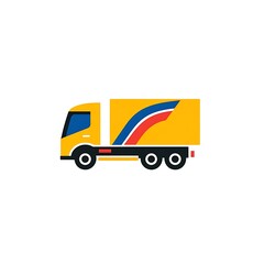 A stylized yellow delivery truck with colorful design elements.