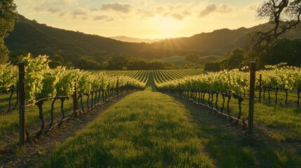 Obraz premium Serene Vineyard at Sunset with Golden Horizon