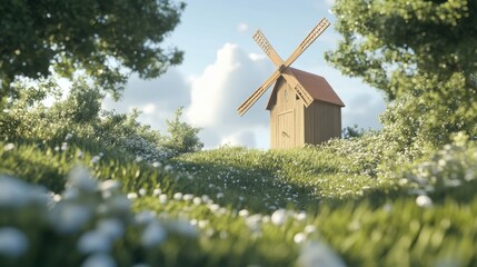 Tranquil Windmill in Serene Landscape with Flowers