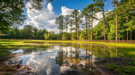 Obraz premium Backyard with standing water reflecting the surrounding trees and sky, capturing the serene beauty of nature's reflection and the tranquility of a still moment.