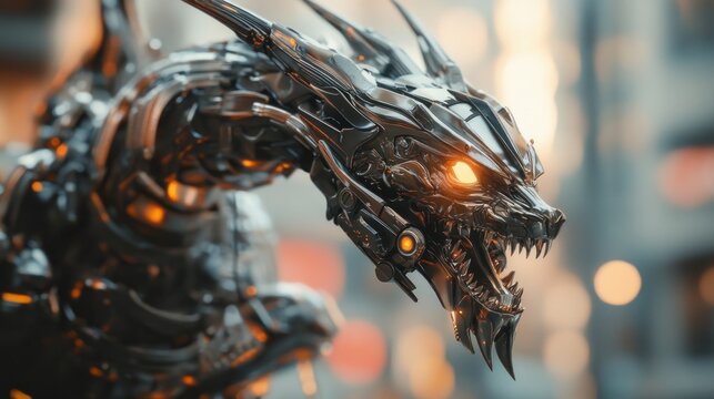 Futuristic Mechanical Dragon with Glowing Eyes in Urban Setting at Twilight