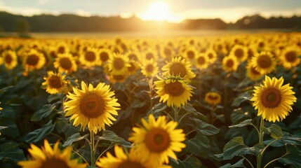 Fototapeta premium A field of sunflowers basking in the golden light of the setting sun. AI.