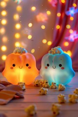 Two cute glowing figures with popcorn in front of them. AI.