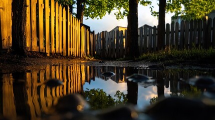 Obraz premium Backyard with standing water reflecting the surrounding trees and sky, capturing the serene beauty of nature's reflection and the tranquility of a still moment.
