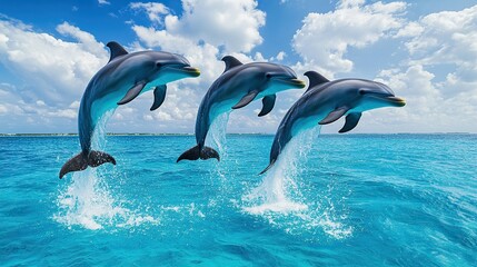 Beautiful bottlenose dolphins jumping out of sea 