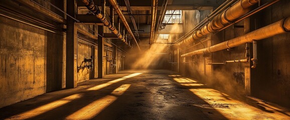 Sunlight streaming through an industrial corridor with rusted metal pipes, casting long shadows on the dusty concrete floor.