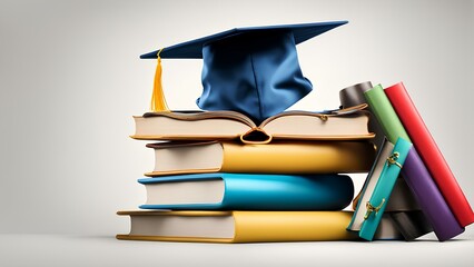 Graduation cap on colorful books. educational concept