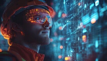 Futuristic Engineer Analyzing Data with Augmented Reality Glasses